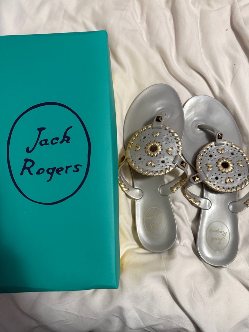 Jack Rogers Silver Jelly Sandals with Gold Stud Details